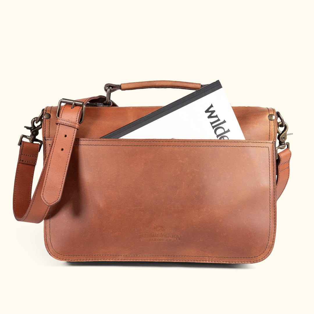 Open Slot - Roosevelt Briefcase Bag - Durable Roosevelt leather briefcase in rich amber brown, featuring classic buckle closures and a sleek, professional design.