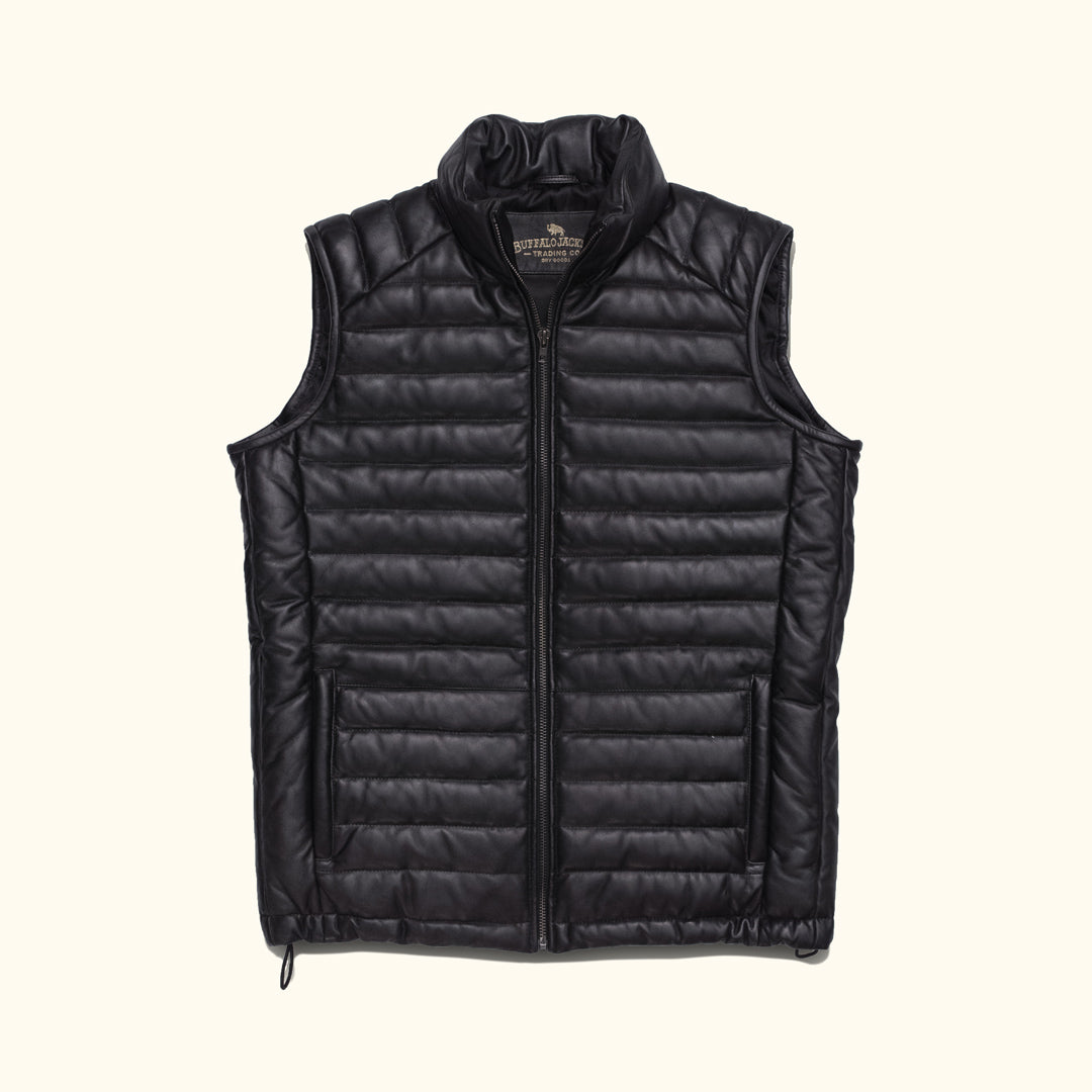 A sleek black leather puffer vest, perfect for layering in colder weather with its stylish and functional design.
