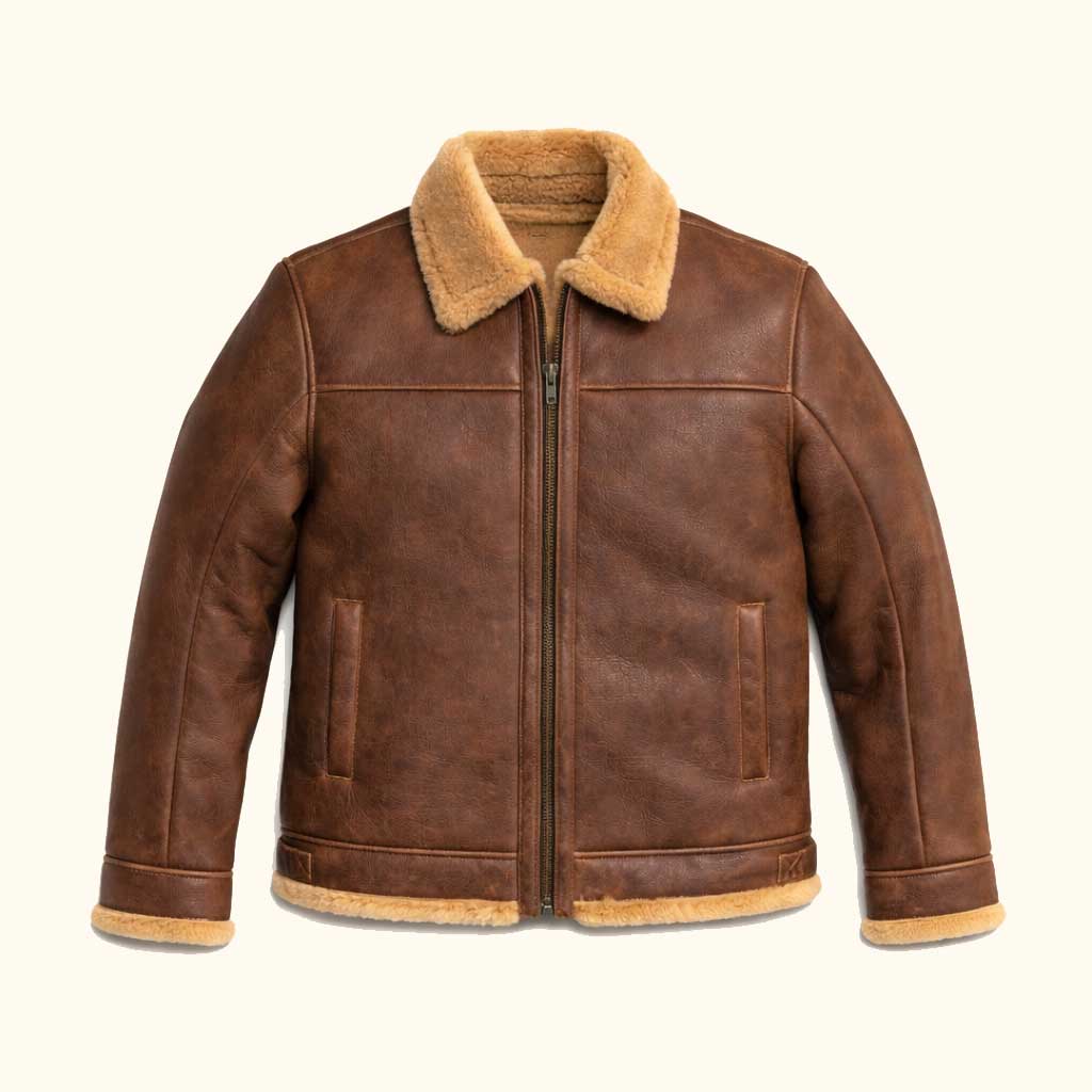 Heavy shearling leather bomber jacket showing the thick natural wool collar and lining