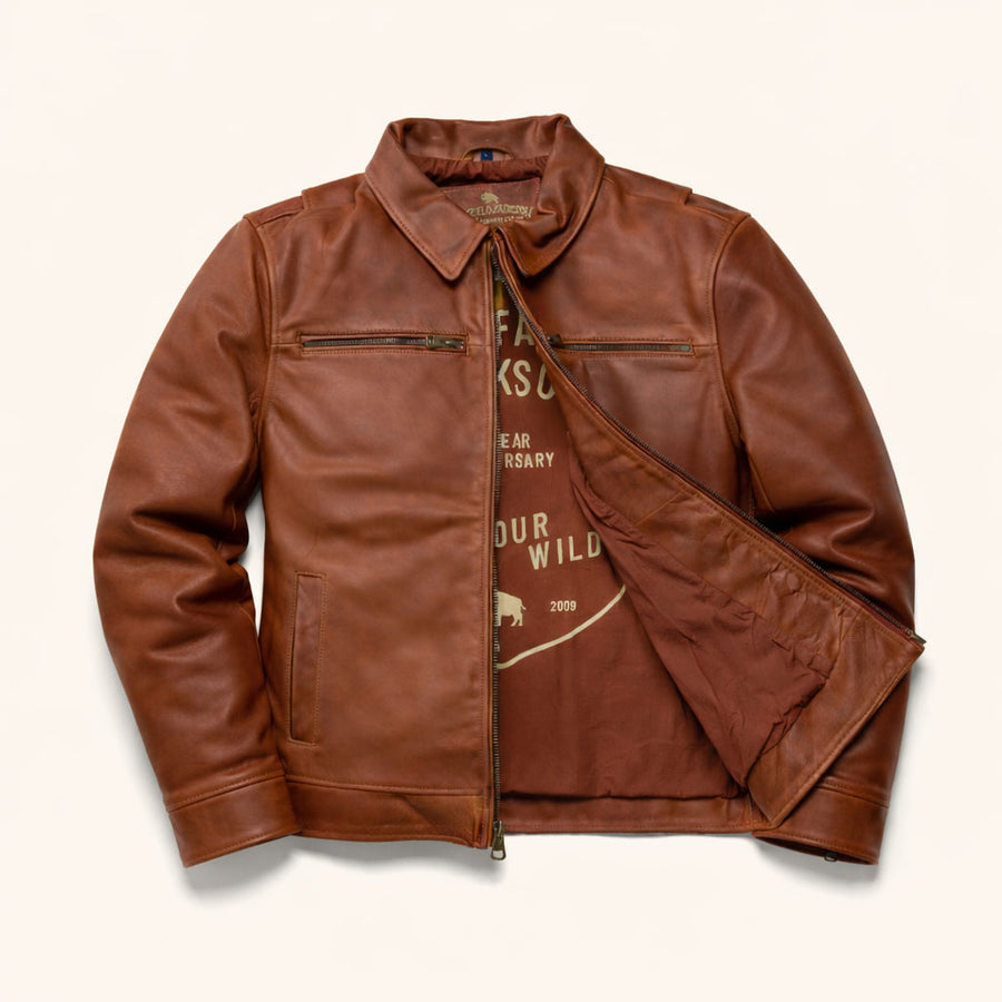 Motorcycle Leather Driving Jacket - Brown Cow Leather Full Grain