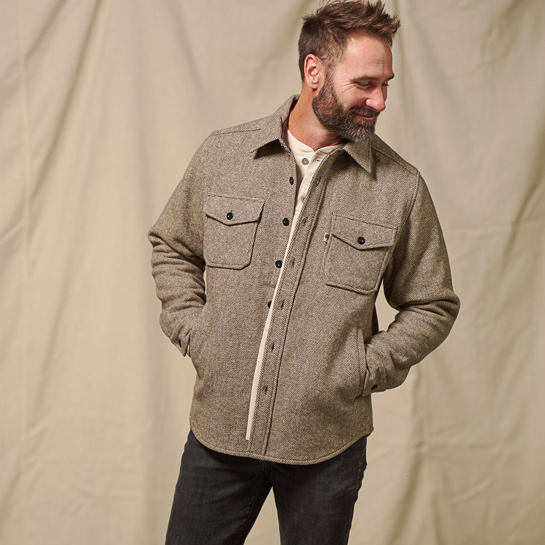 Styled  photo of Riverton Wool Shirt Jac Charcoal Shadow Gray layered over henley tee for cold weather layering