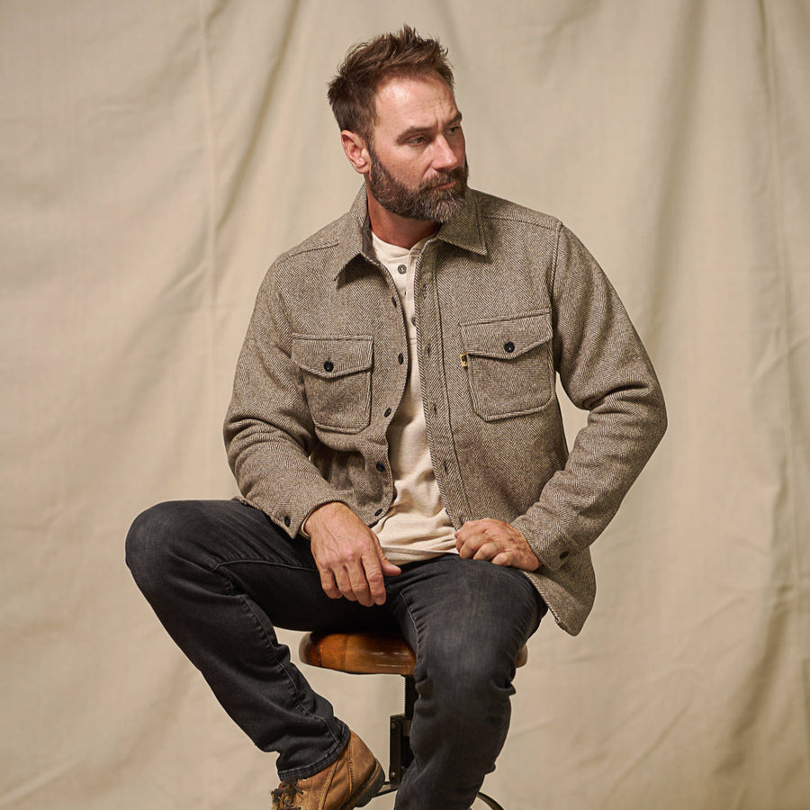 Riverton Wool Shirt Jac Charcoal Shadow Gray front view – heavyweight wool blend overshirt with full button placket
