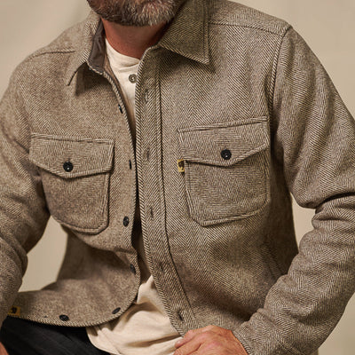 Texture close-up of brushed wool-poly fabric on Riverton Shirt Jac Charcoal Shadow Gray showing soft nap and durability