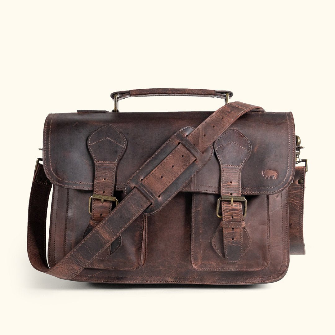 Roosevelt Leather Briefcase in Dark Oak with buckle closures and shoulder strap