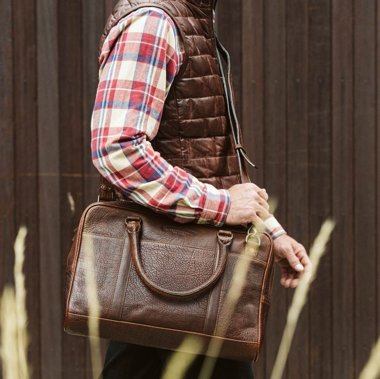 Leather Laptop Briefcase- Rugged Water Buffalo - Vintage Wood Background