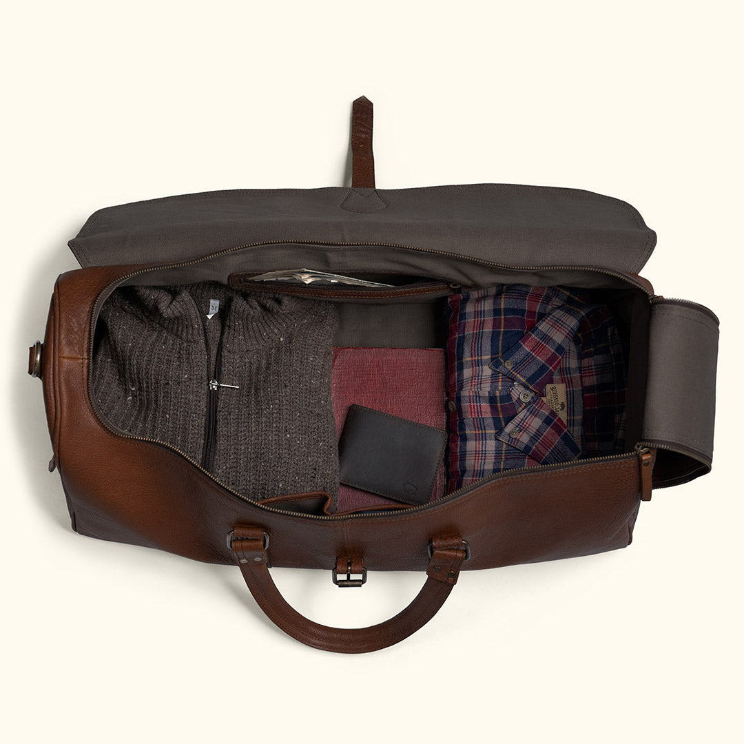 Flannels, Wool Sweaters - packing for trip in leather duffle bag