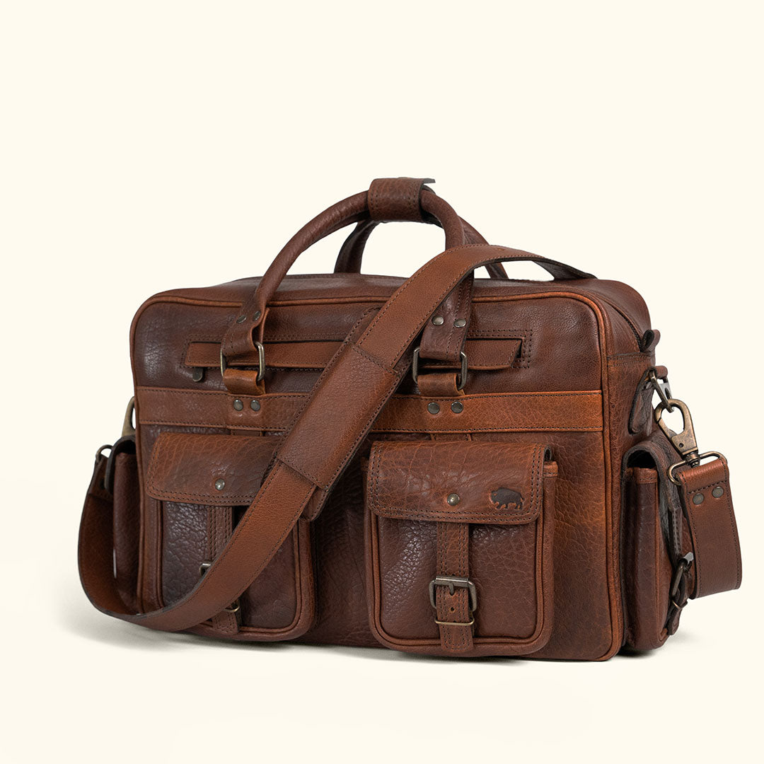 Vintage Leather Pilot Bag by Buffalo Jackson - Briefcase and Adventure Traveler Explorer Bag for Laptop and Travel Essentials