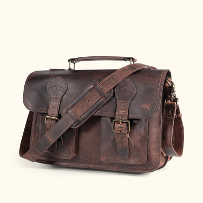 Front Buckle Straps - Two Open Pockets Front Flap - Full Grain Buffalo Leather Briefcase