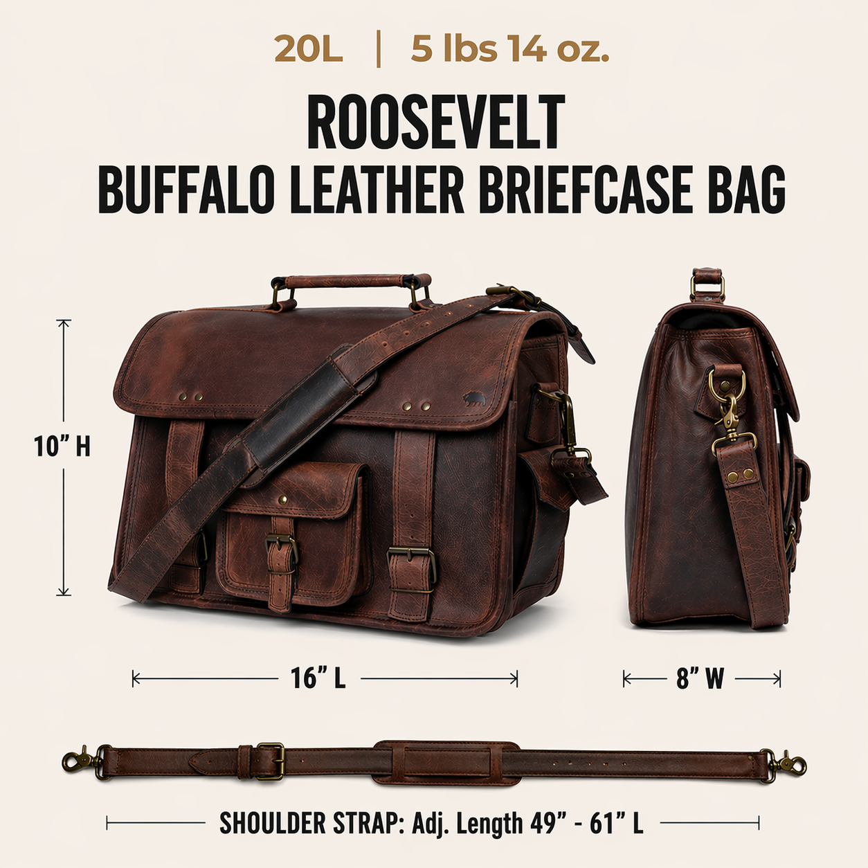Roosevelt Buffalo Leather Briefcase Bag | Dark Oak