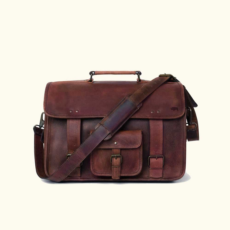 Roosevelt buffalo leather briefcase bag in dark oak, structured full-grain heirloom work bag and third anniversary gift for him