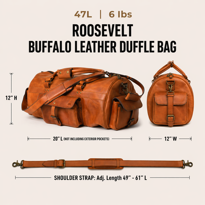 The Roosevelt Buffalo Leather Duffle Bag is a full-grain water buffalo leather duffle built for travel and everyday carry.

Specifications

Exterior dimensions: 20 inches long, 12 inches wide, 12 inches high (not including exterior pockets). Shoulder strap length: 61 inches fully extended, 49 inches at shortest setting. Total weight: 6 pounds (6 lbs / 2.72 kg). Material: full-grain water buffalo leather.