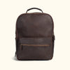 Classic brown leather backpack with a front zippered pocket and sturdy handle.