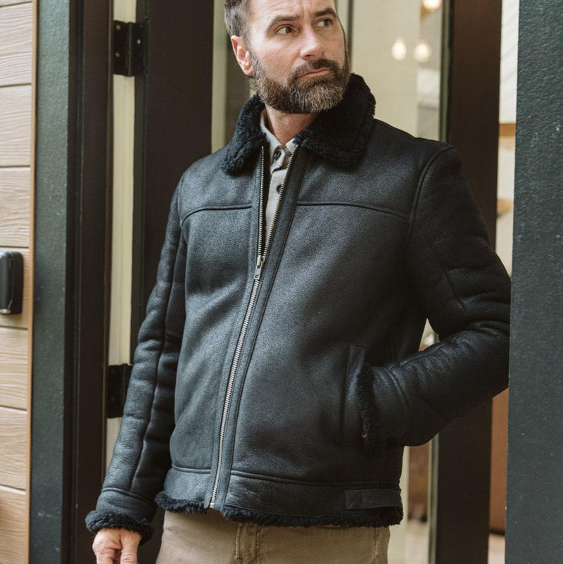 Mens black sheepskin jacket best sale