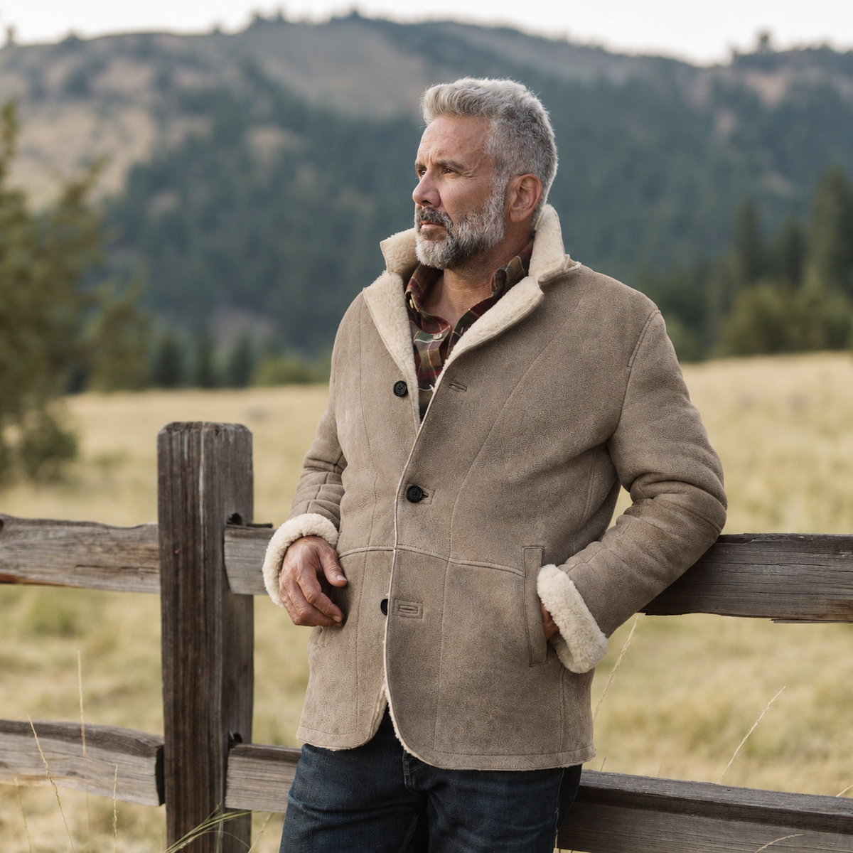 Big Sky Shearling Leather Blazer in Gray Sand, view 2