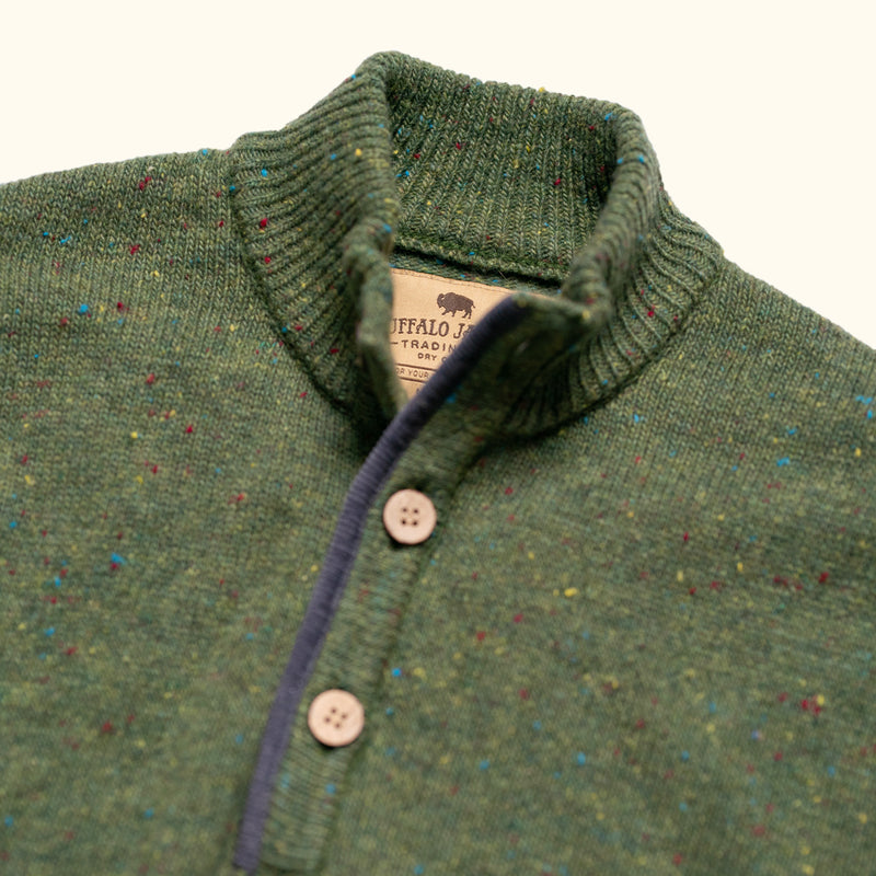 Quarter Button Wool Sweater | Pine Fleck