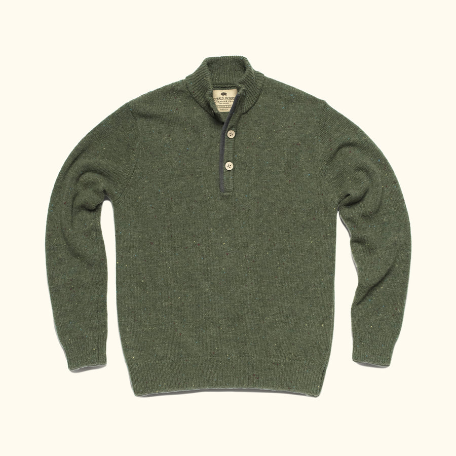 Quarter Button Wool Sweater | Pine Fleck