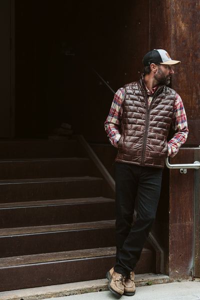 Teton Leather Light Down Vest | Mahogany Brown