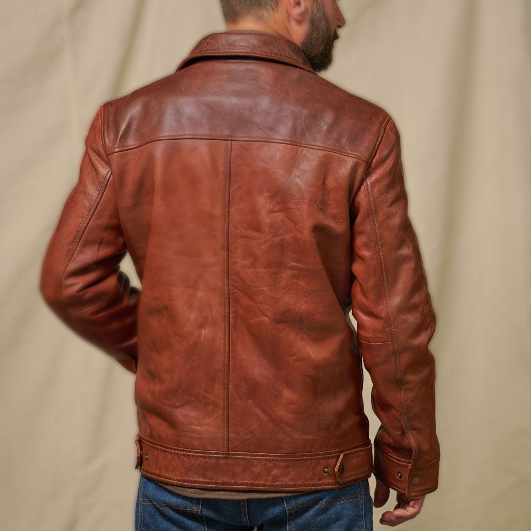 Back of the Western Elkhorn Leather Jacket showing the shaped two-tone yoke across the shoulders