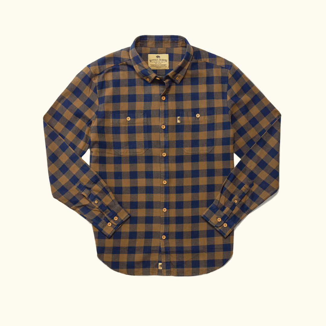 Waxhaw Buffalo Plaid Flannel Shirt Navy and Brown front view – rugged 100% cotton flannel with bold navy and brown buffalo plaid pattern