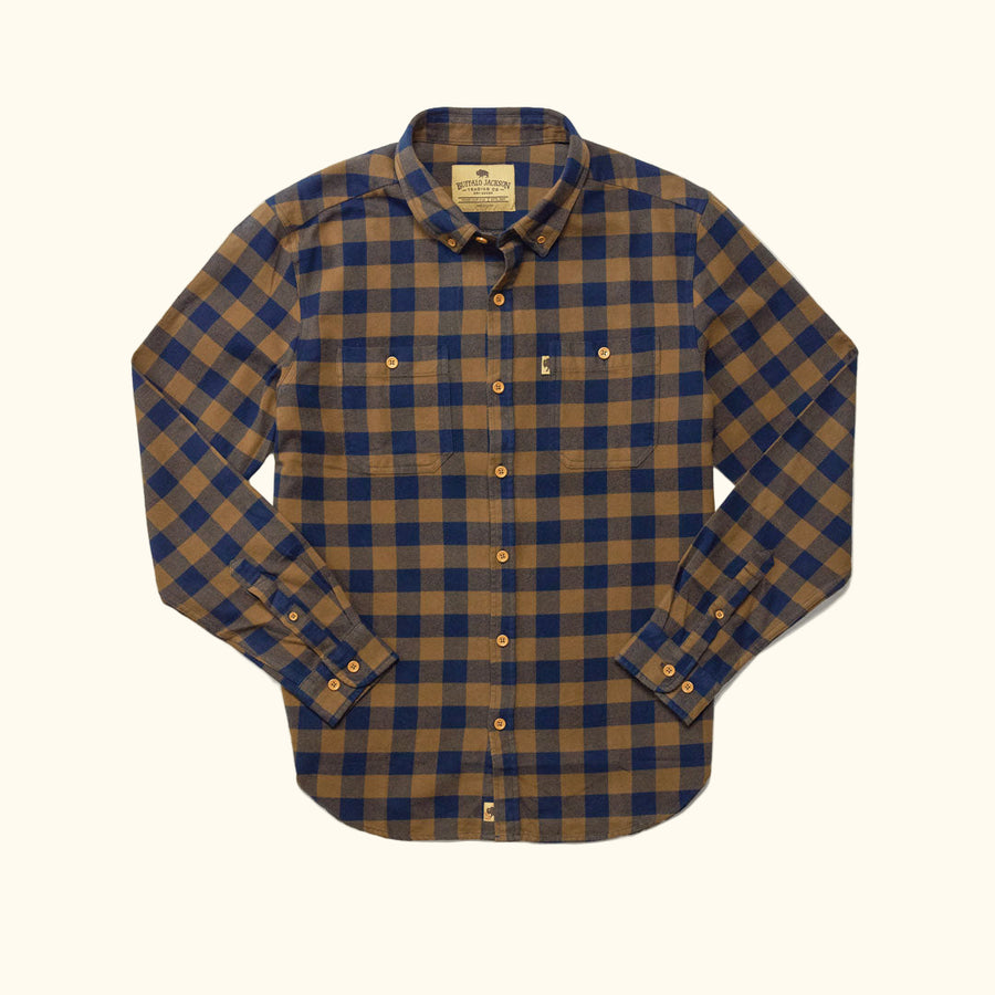 Waxhaw Buffalo Plaid Flannel Shirt Navy and Brown front view – rugged 100% cotton flannel with bold navy and brown buffalo plaid pattern