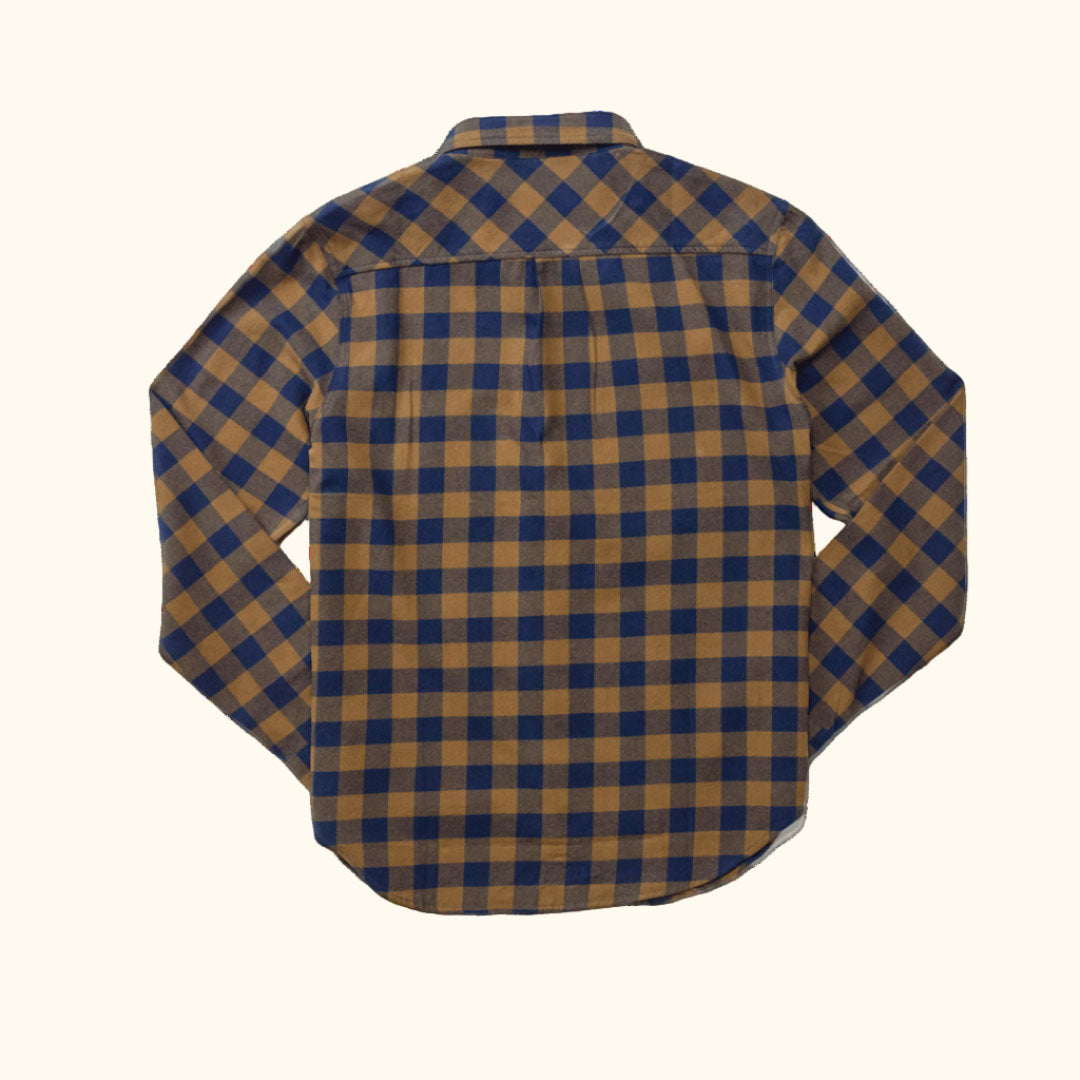 Back view of Waxhaw Buffalo Plaid Flannel Shirt Navy and Brown highlighting shoulder yoke and aligned plaid pattern