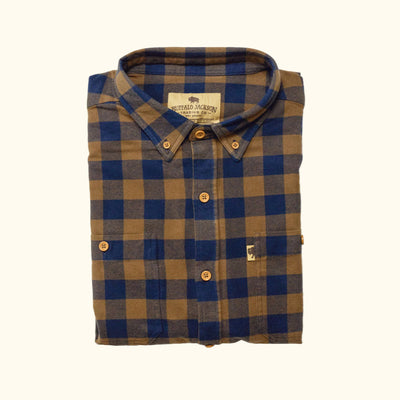 Flat lay of Waxhaw Buffalo Plaid Flannel Shirt Navy and Brown showing bold checkered pattern and prewashed cotton fabric