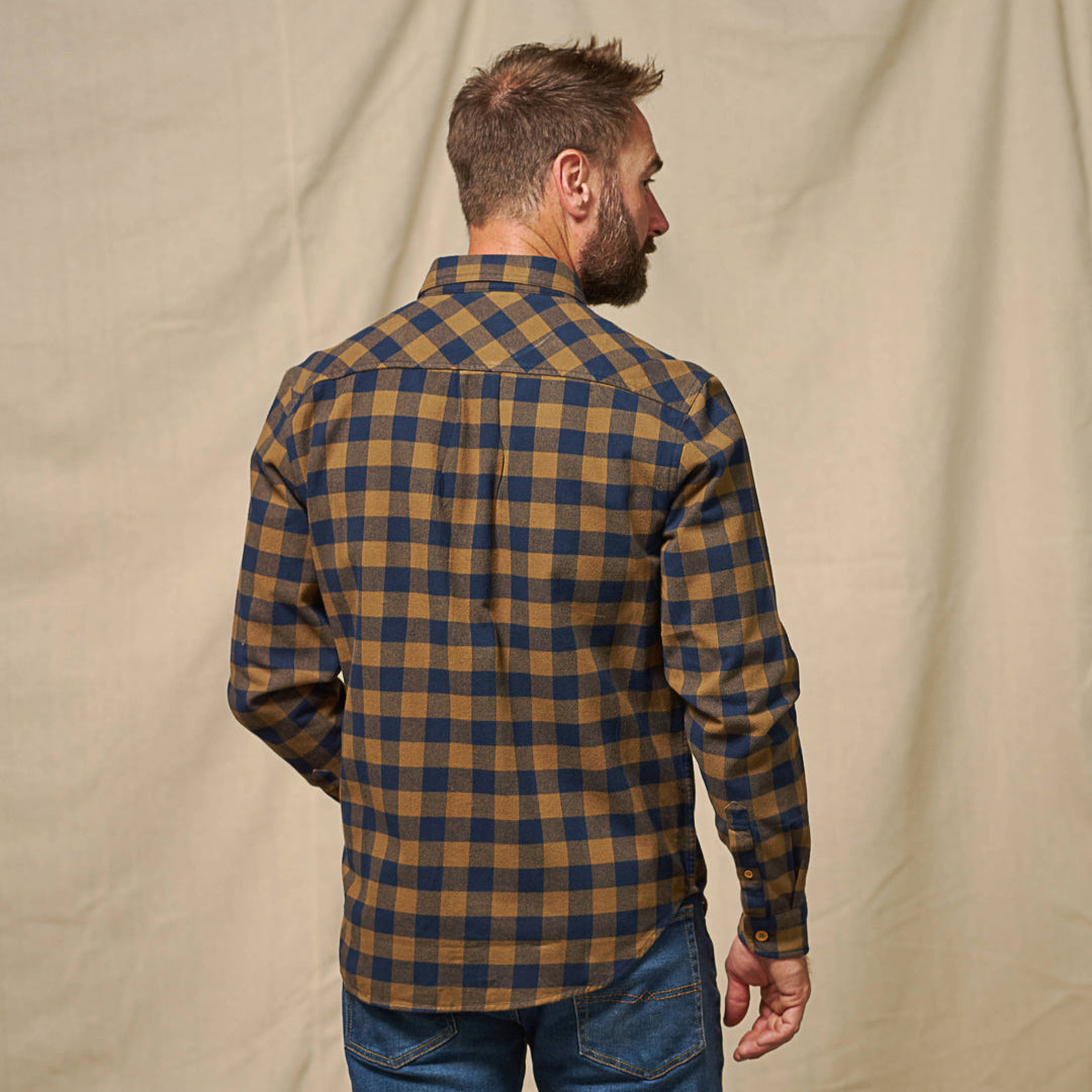Back view of Waxhaw Buffalo Plaid Flannel Shirt Navy and Brown highlighting shoulder yoke and aligned plaid pattern