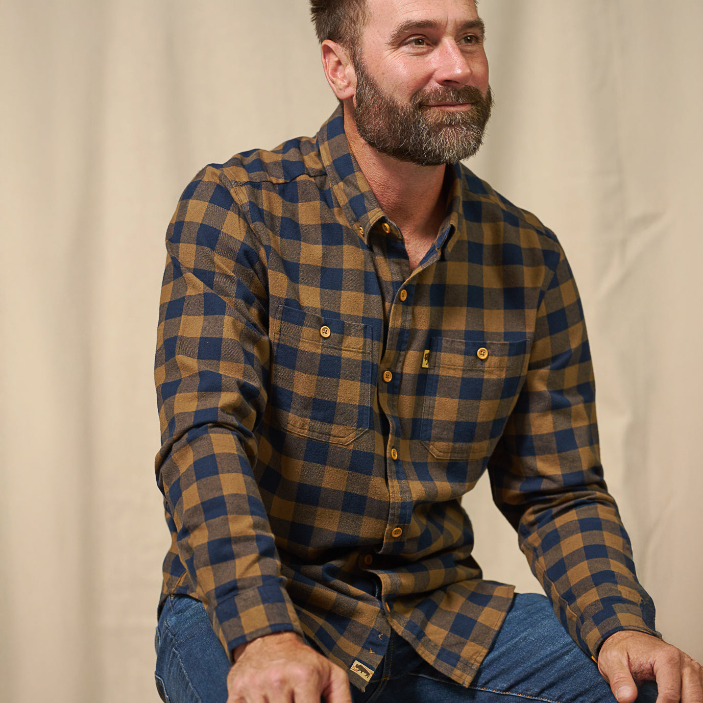 Waxhaw Buffalo Plaid Flannel Shirt Navy and Brown front view – rugged 100% cotton flannel with bold navy and brown buffalo plaid pattern