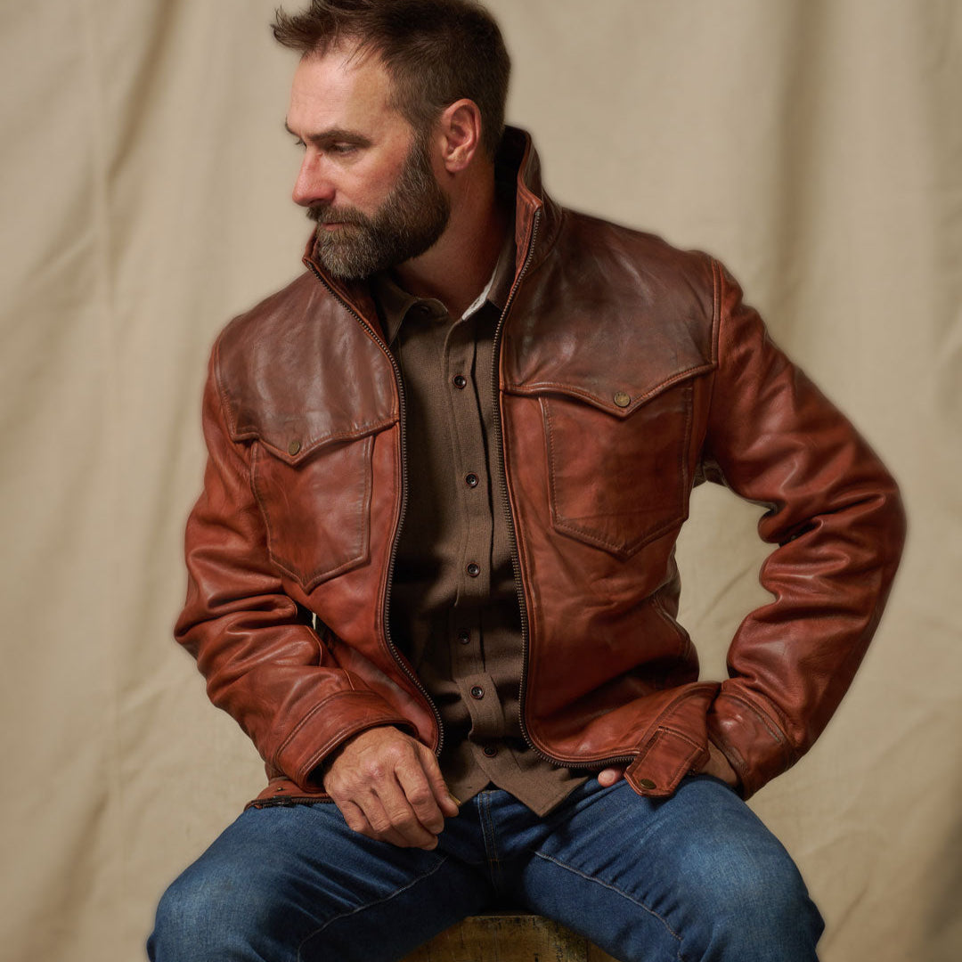 Elkhorn Yellowstone Western Leather Jacket for Men - Vintage Burnish Brown