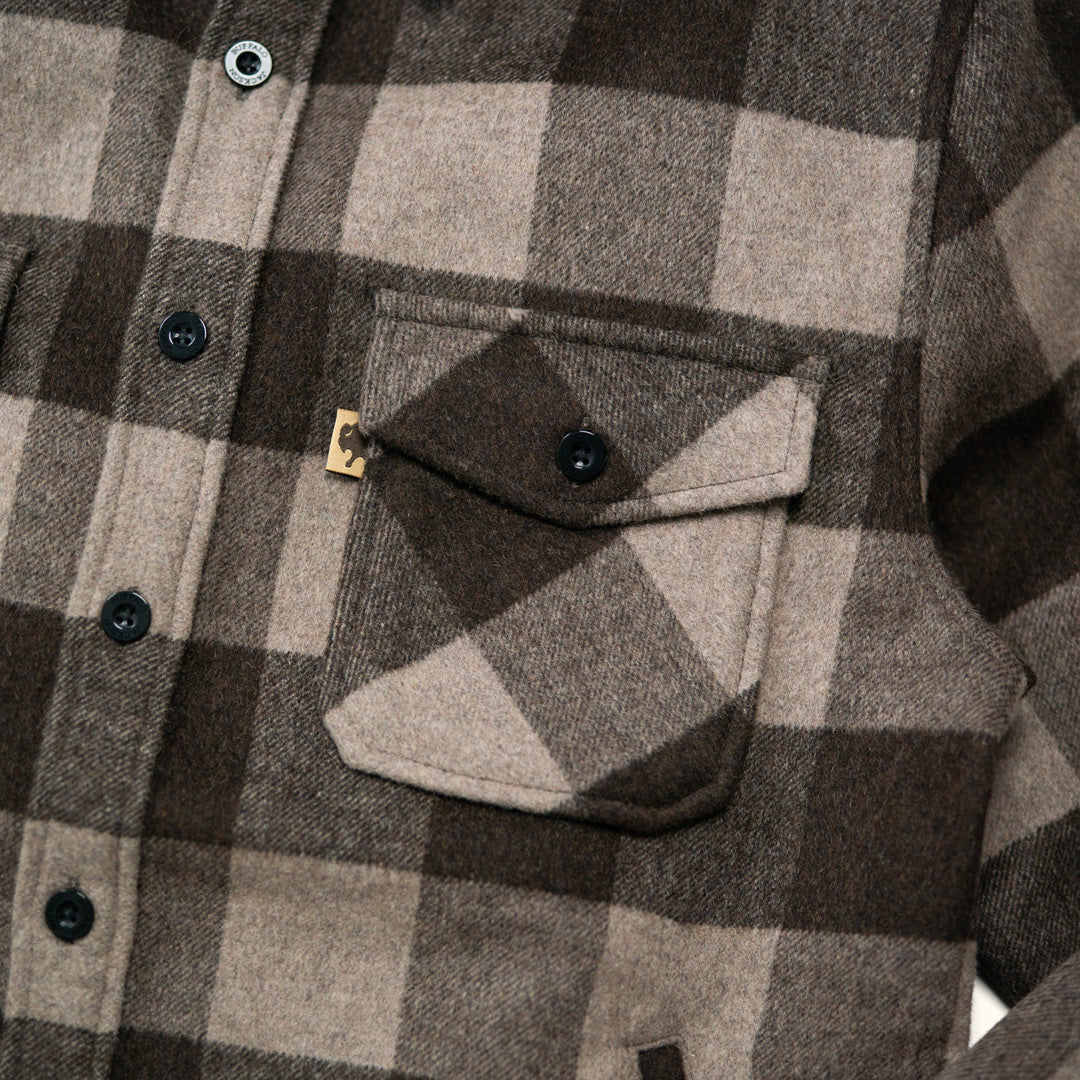 Close-up of chest pockets and horn buttons on Yukon Wool Shirt Jac Buffalo Check showing durable flap closures and rugged detailing