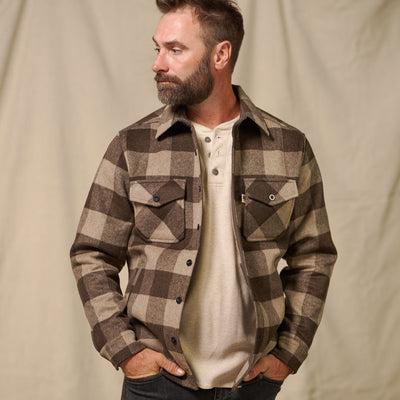 Collar and neckline detail of Yukon Wool Shirt Jac Buffalo Check with interior nylon trim and reinforced seams