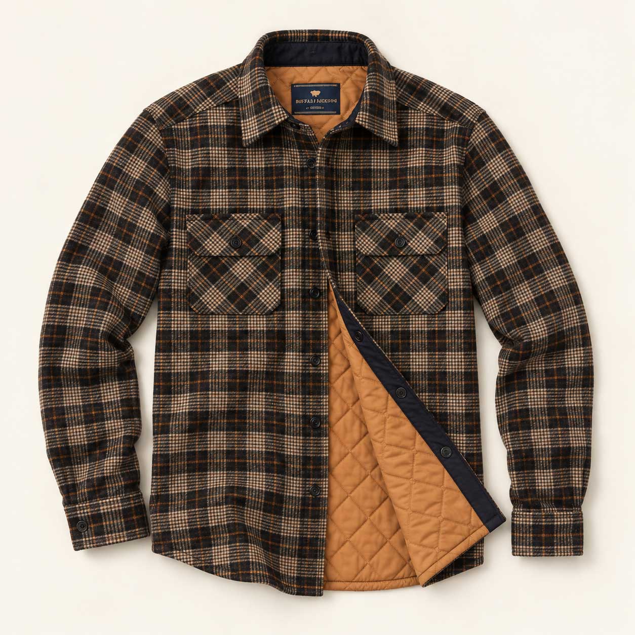 Wool Brown Plaid Quilted Lining - Shirt Jacket