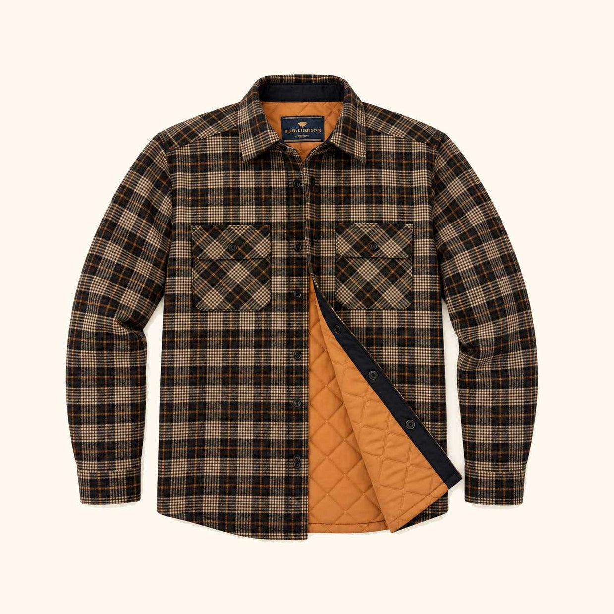 A long-sleeve plaid button-up shirt with a warm brown and beige check pattern, featuring a quilted orange lining shown by an open front panel.