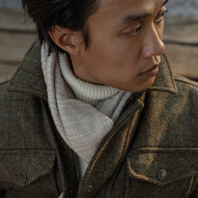 Close-up of the Aberdeen Wool Jacket in Fir Heather collar and scarf
