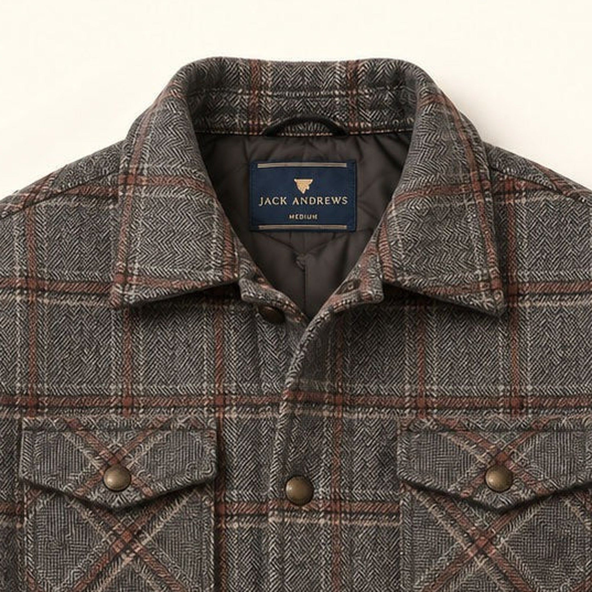 Aberdeen Wool Jacket in Grey Briar: collar and snap placket detail