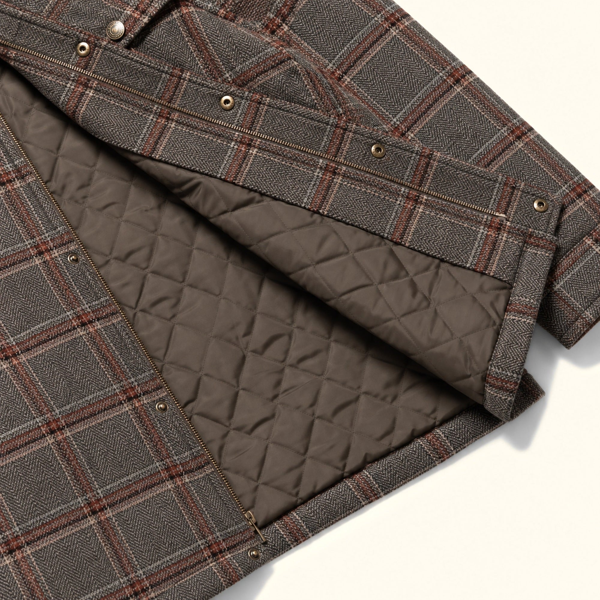 Aberdeen Wool Jacket in Grey Briar, opened to show the quilted lining