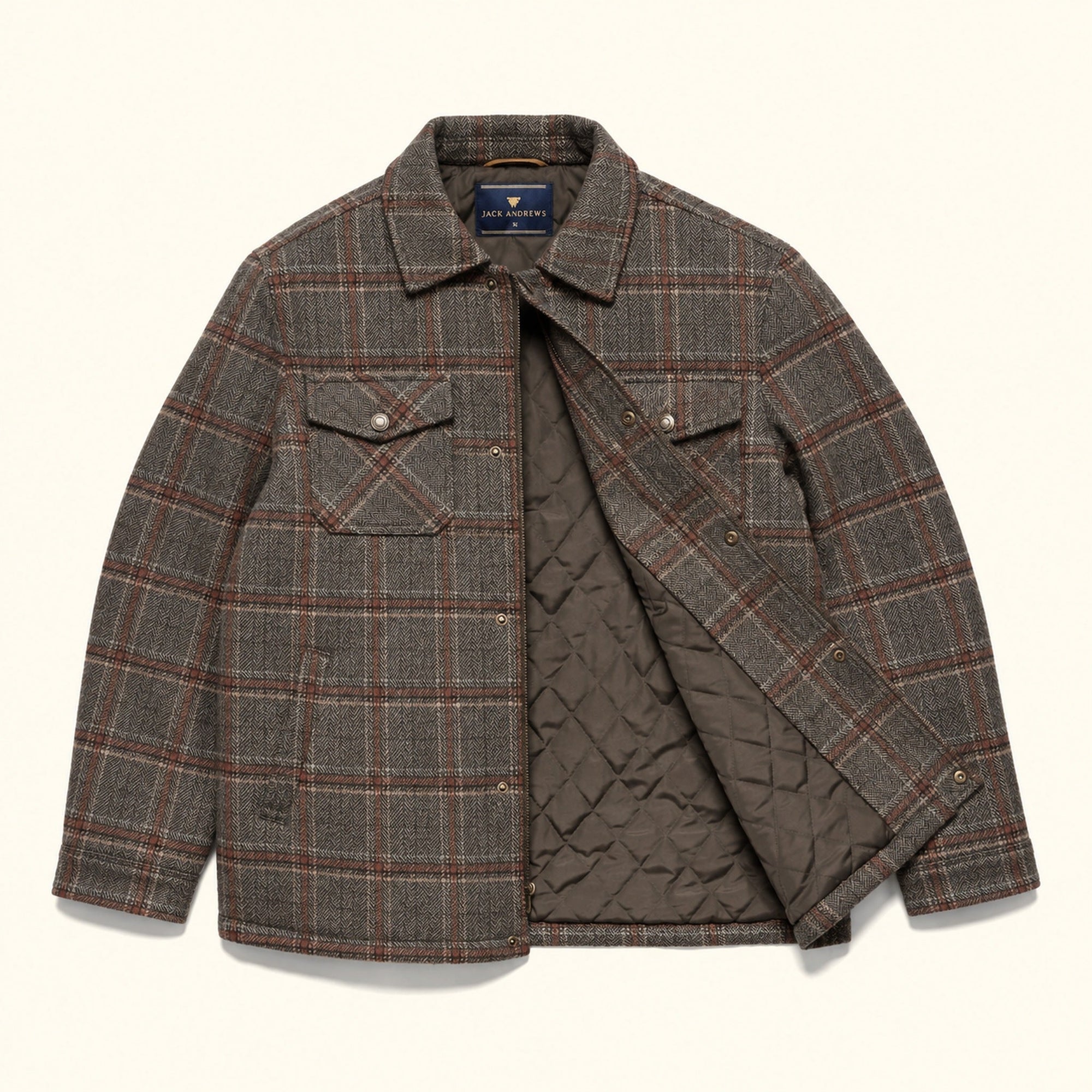 Aberdeen Wool Jacket in Grey Briar, unbuttoned to show the quilted lining