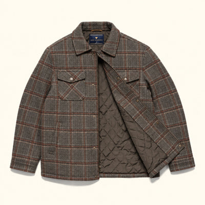 Aberdeen Wool Jacket in Grey Briar, unbuttoned to show the quilted lining