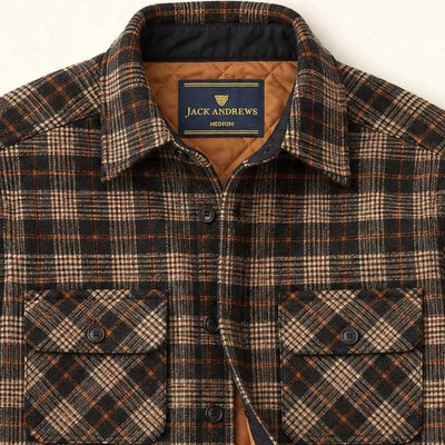 Aberdeen Wool Twill Shirt Jac in Brown Briar: collar and bias-cut chest pocket detail