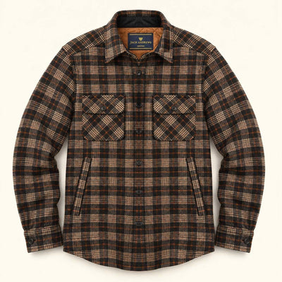 Aberdeen Wool Twill Shirt Jac in Brown Briar, laid flat, front, buttoned