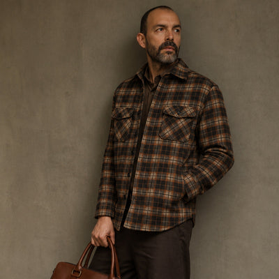 Man in the Aberdeen Wool Twill Shirt Jac in Brown Briar leaning on a wall with a leather briefcase