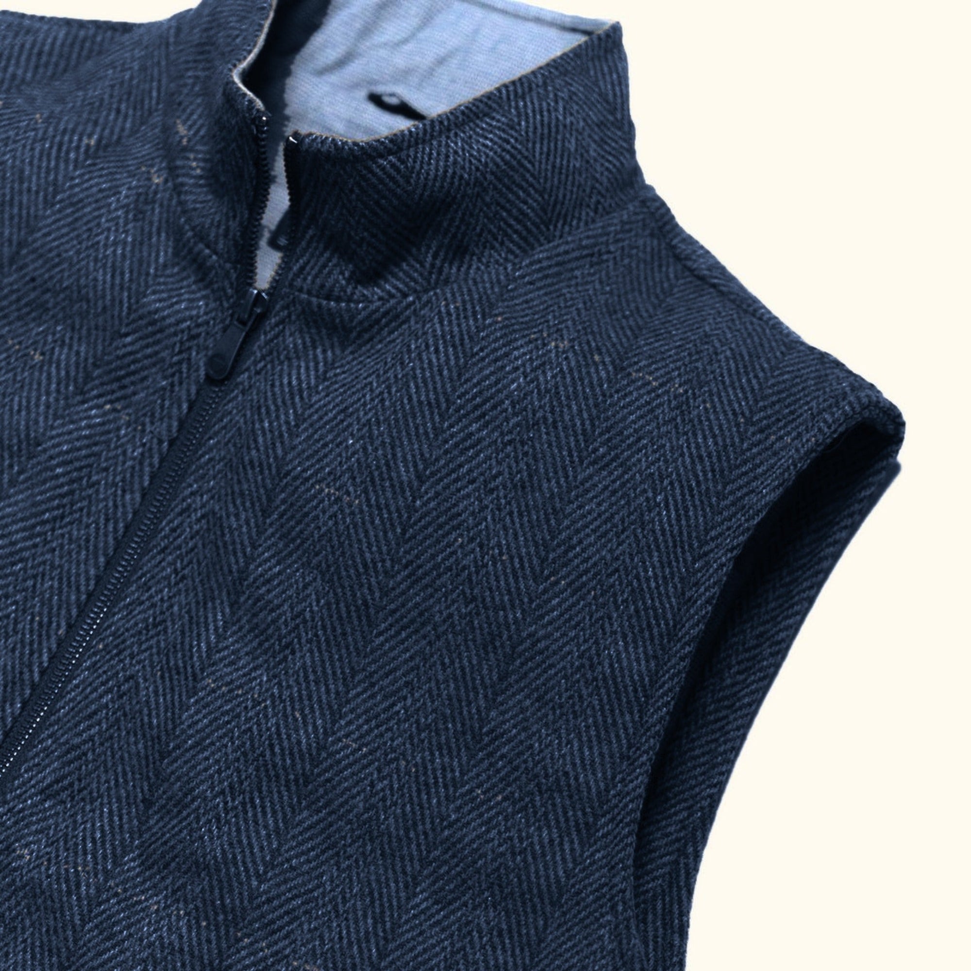 Ashton Wool Herringbone Vest in Clan Blue: stand collar and zip detail
