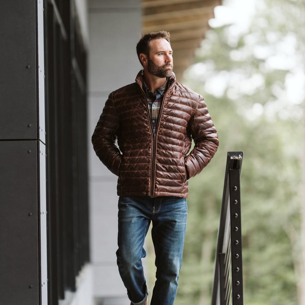 Leather Puffer Down Jacket Dark Brown | Buffalo Jackson