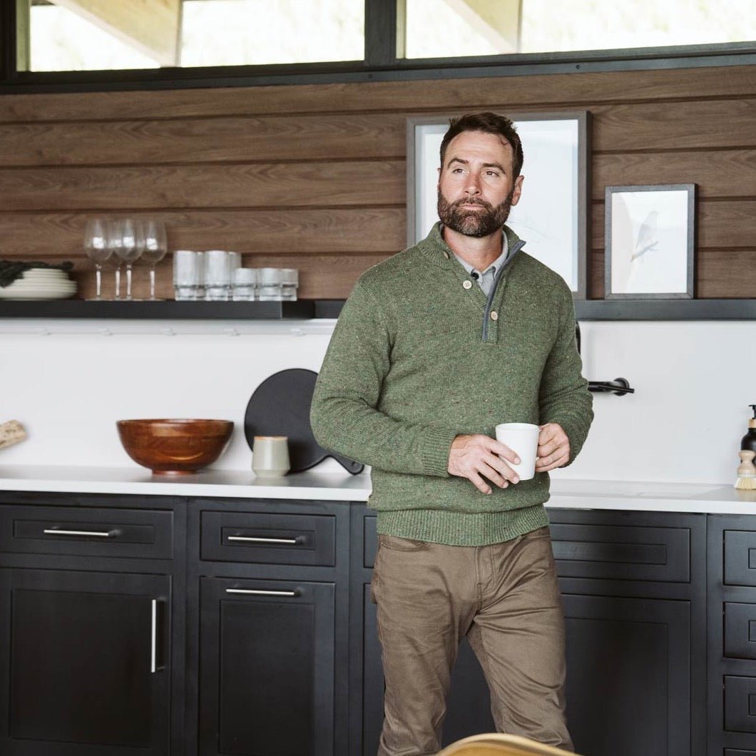 Quarter Button Wool Sweater in Pine Fleck, view 2