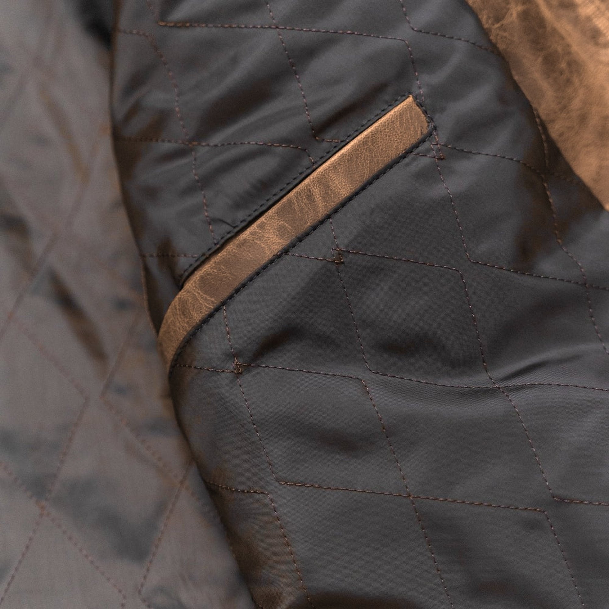 Cafe Racer Leather Jacket in Distressed Brown, leather-trimmed inside pocket on the quilted lining.