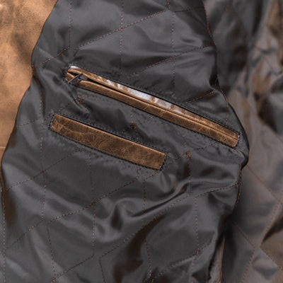 Cafe Racer Leather Jacket in Distressed Brown, leather-trimmed zippered inside pockets on the quilted lining.