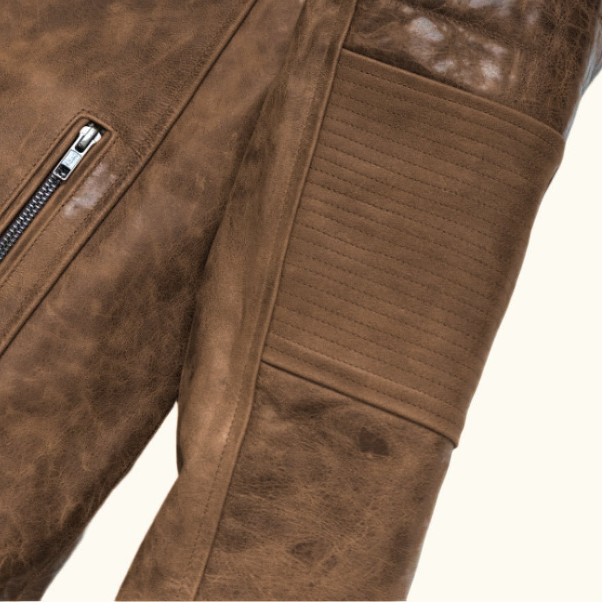 Cafe Racer Leather Jacket in Distressed Brown, ribbed sleeve panel detail.