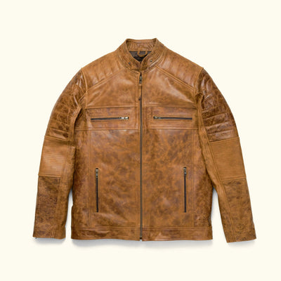 Cafe Racer Leather Jacket in Distressed Tan, front view, zipped.