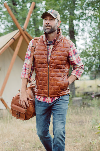 Outdoor Leather Vest - Nano Puffy in Whiskey Brown Camping