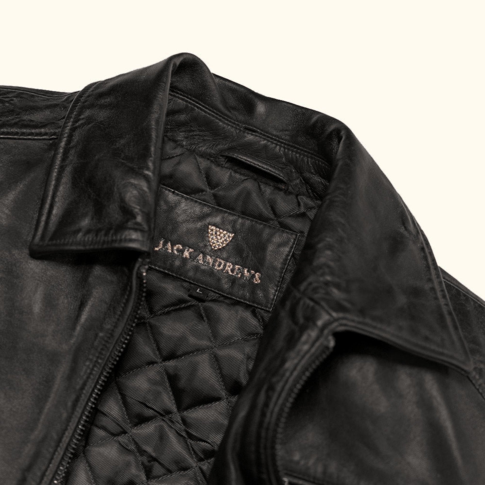 Glenwood Leather Driving Jacket in Vintage Black, collar and Jack Andrews label over the quilted lining.